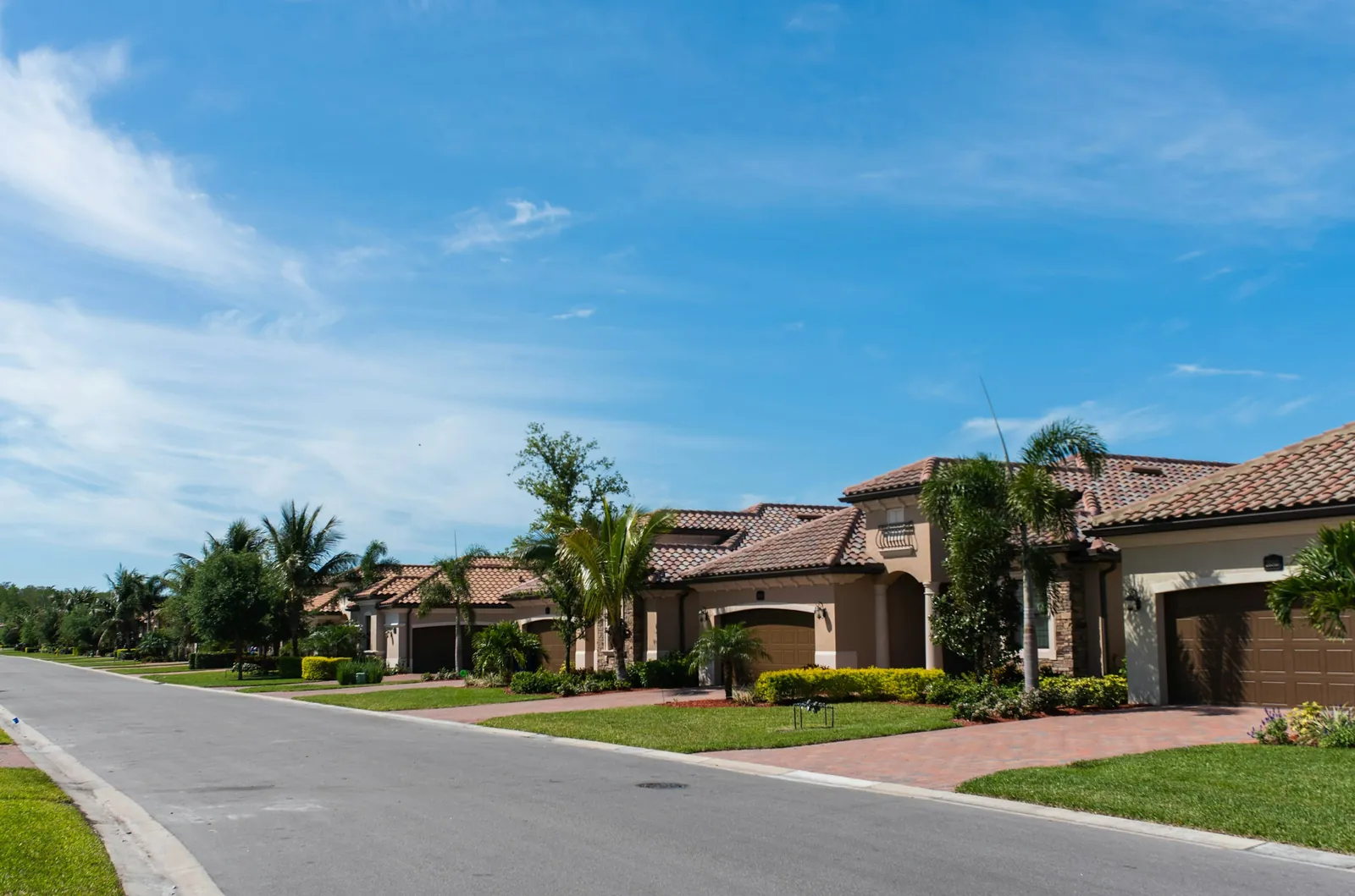 Calle residencial con casas de estuco y techos de teja entre palmeras
